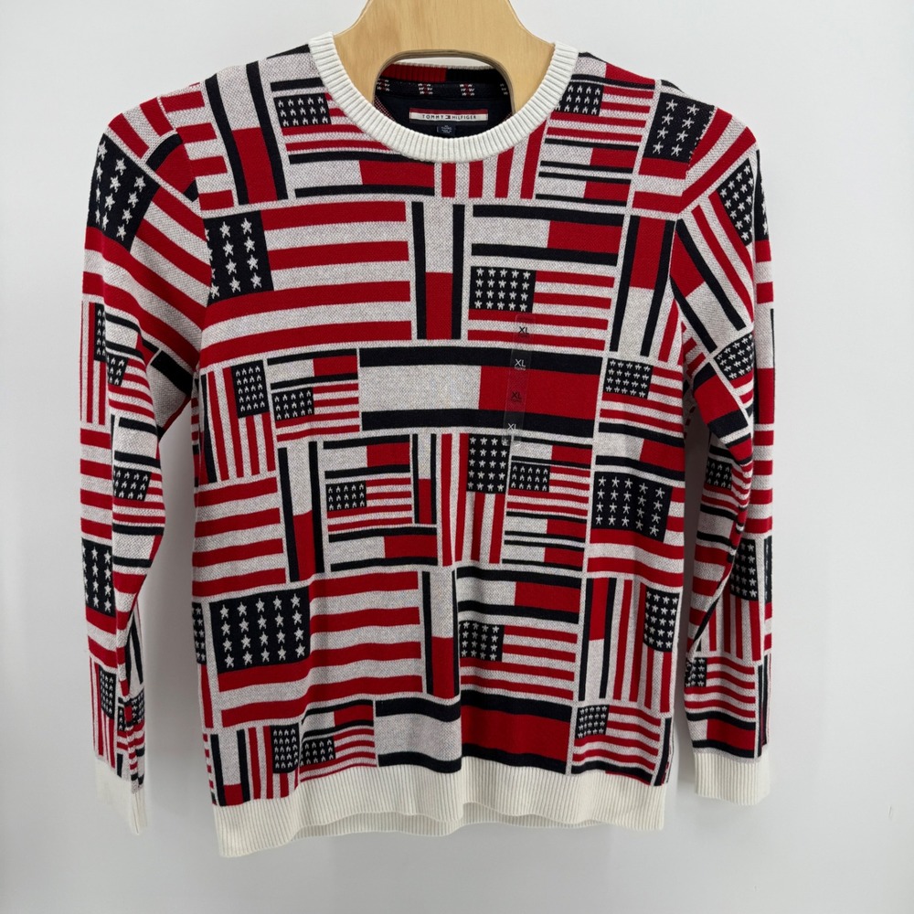 Tommy Hilfiger Mens American Flag Crewneck Sweater Red White Blue XL C8878B9207 - Picture 4 of 8